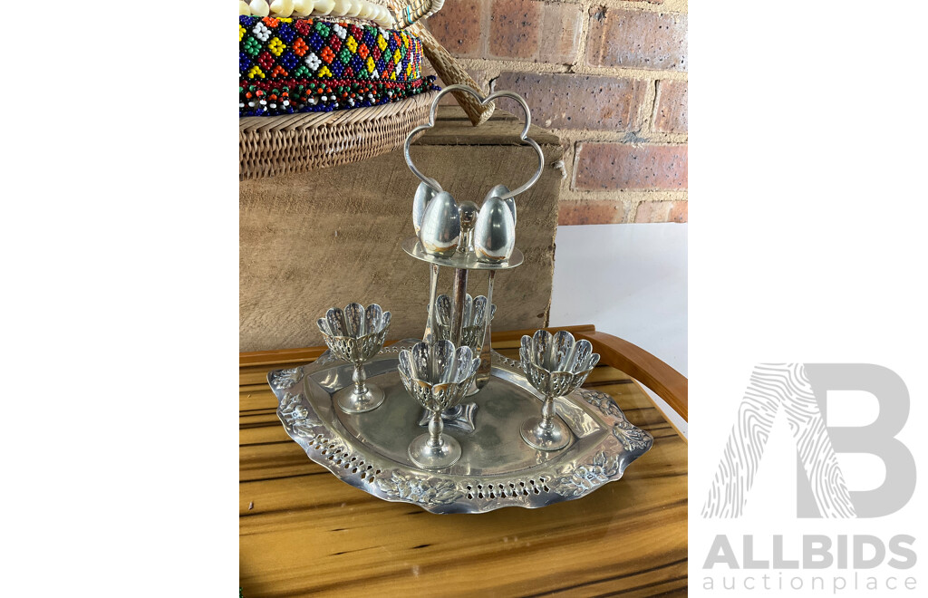 Collection of Beaded Seagrass Trays, Hardwood Breakfast Tray and Plated Four Person Cruet Set, and Candle Snuffer