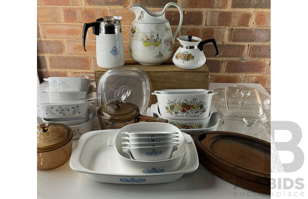 Large Collection of CORNINGWARE, Teapot Kettles, Cast Iron Sizzler Plate and Antique English Milk Jug
