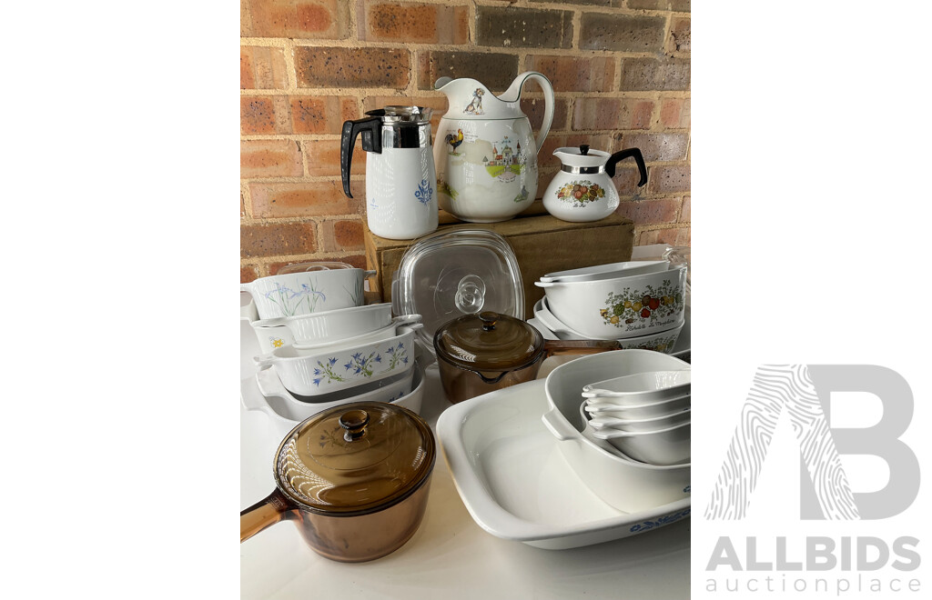 Large Collection of CORNINGWARE, Teapot Kettles, Cast Iron Sizzler Plate and Antique English Milk Jug