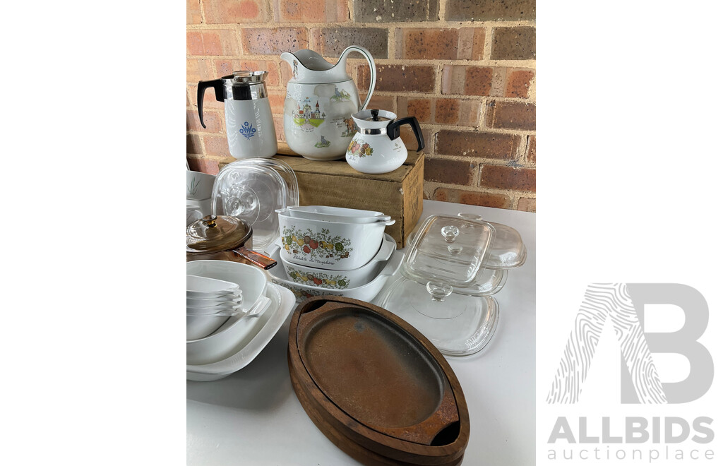 Large Collection of CORNINGWARE, Teapot Kettles, Cast Iron Sizzler Plate and Antique English Milk Jug
