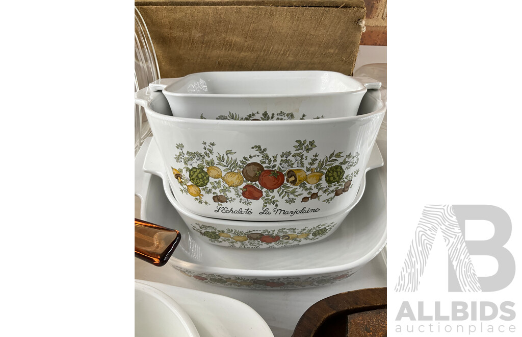 Large Collection of CORNINGWARE, Teapot Kettles, Cast Iron Sizzler Plate and Antique English Milk Jug