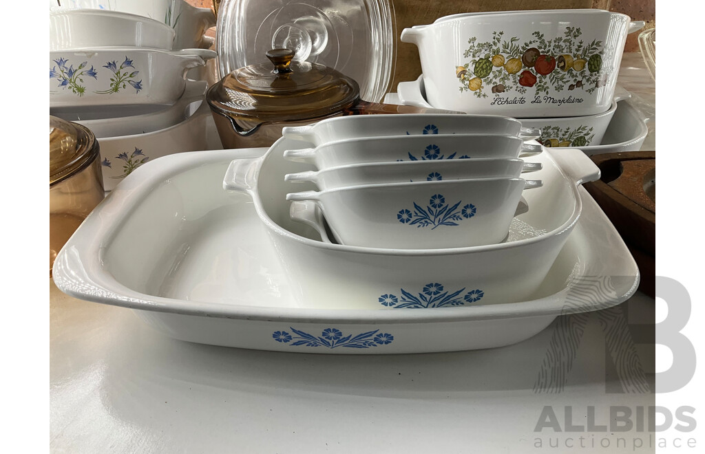 Large Collection of CORNINGWARE, Teapot Kettles, Cast Iron Sizzler Plate and Antique English Milk Jug