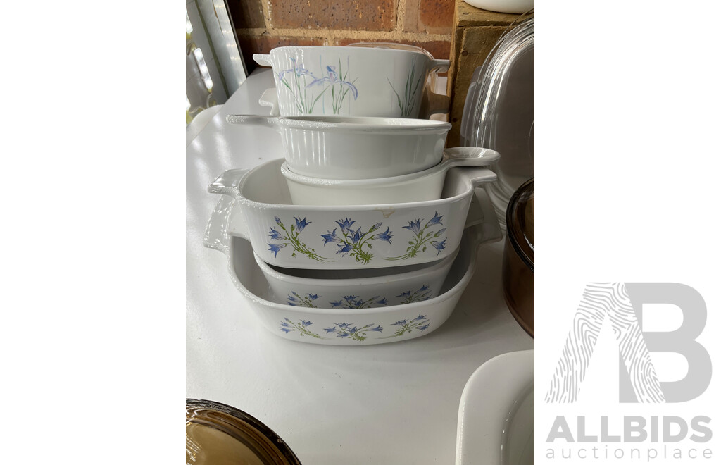 Large Collection of CORNINGWARE, Teapot Kettles, Cast Iron Sizzler Plate and Antique English Milk Jug
