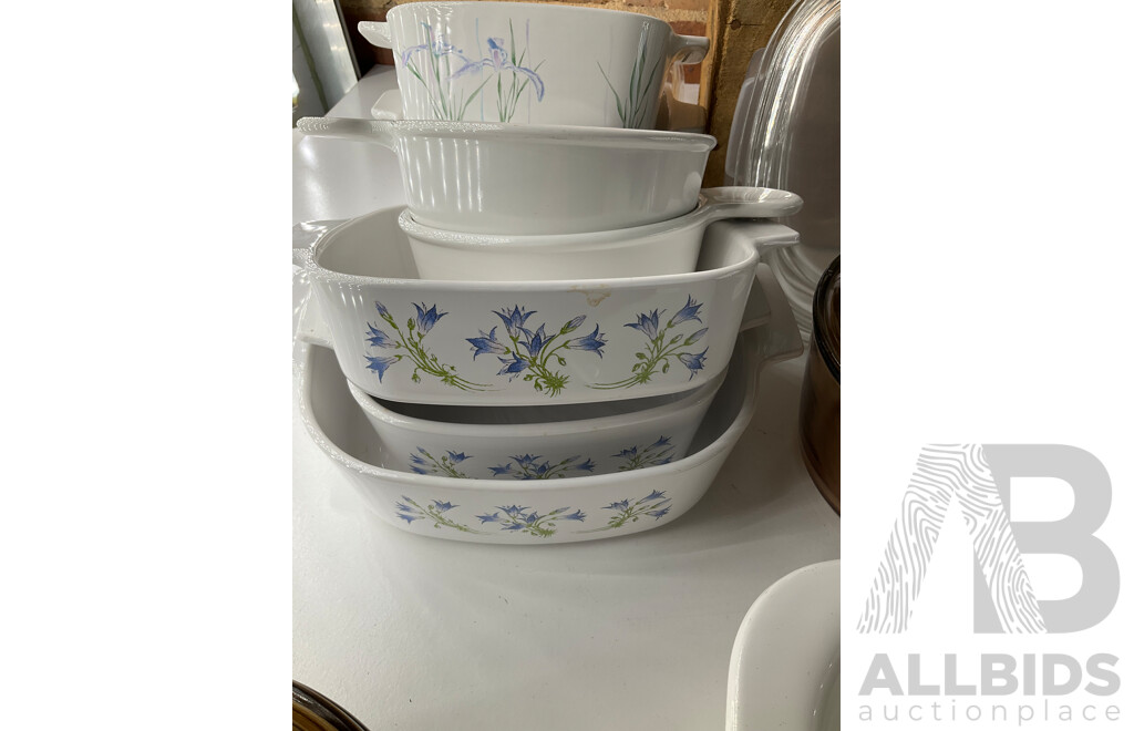 Large Collection of CORNINGWARE, Teapot Kettles, Cast Iron Sizzler Plate and Antique English Milk Jug