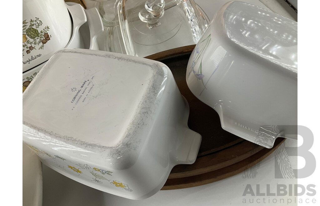 Large Collection of CORNINGWARE, Teapot Kettles, Cast Iron Sizzler Plate and Antique English Milk Jug