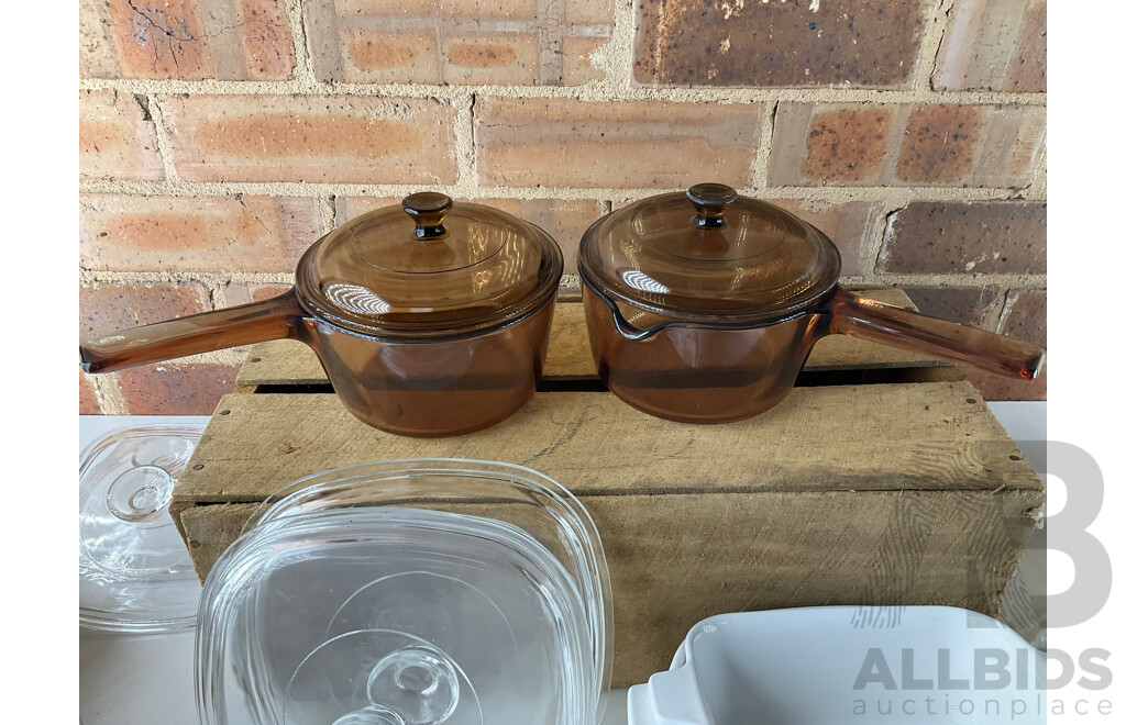 Large Collection of CORNINGWARE, Teapot Kettles, Cast Iron Sizzler Plate and Antique English Milk Jug