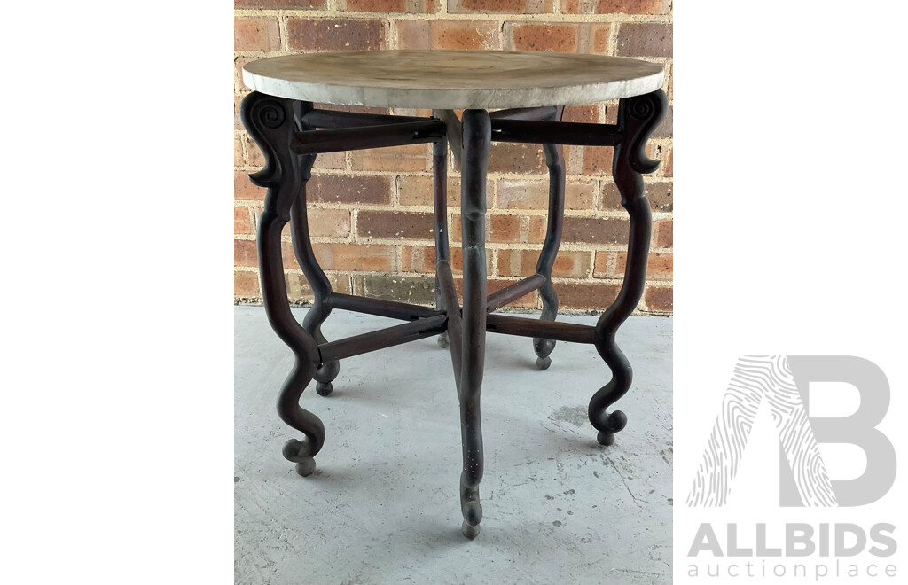 Antique Rosewood Folding Side Table with Circular Marble Top