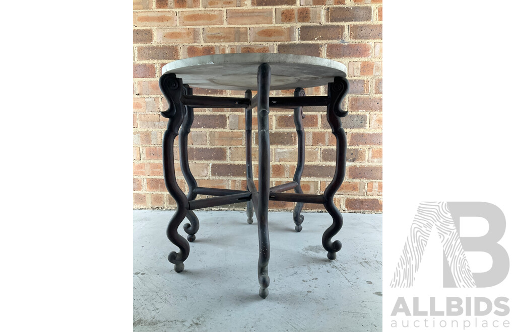 Antique Rosewood Folding Side Table with Circular Marble Top