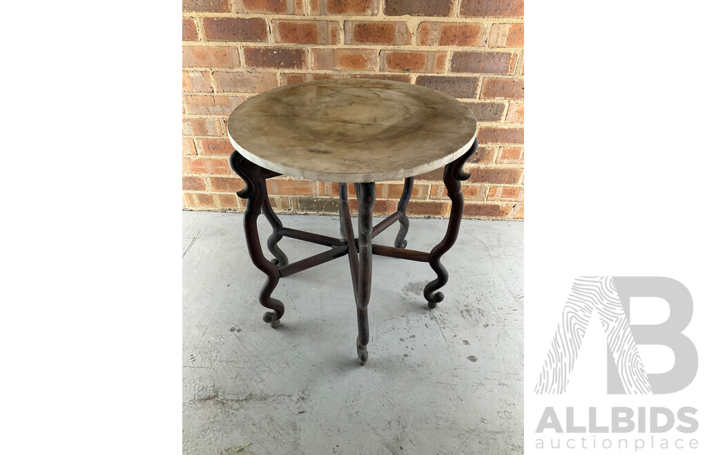 Antique Rosewood Folding Side Table with Circular Marble Top