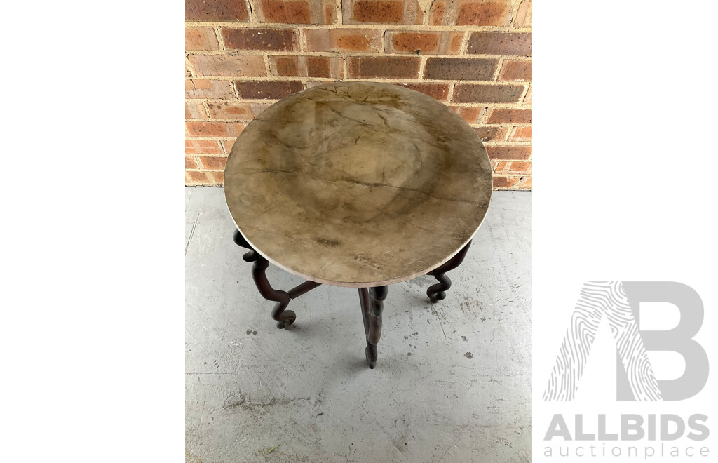 Antique Rosewood Folding Side Table with Circular Marble Top