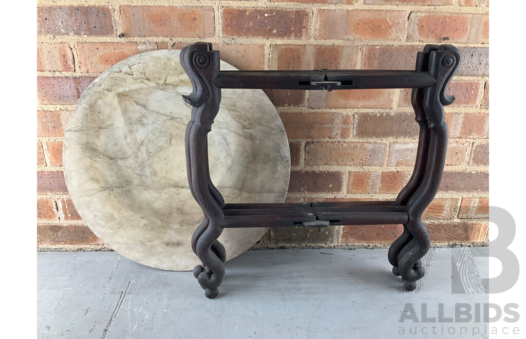 Antique Rosewood Folding Side Table with Circular Marble Top