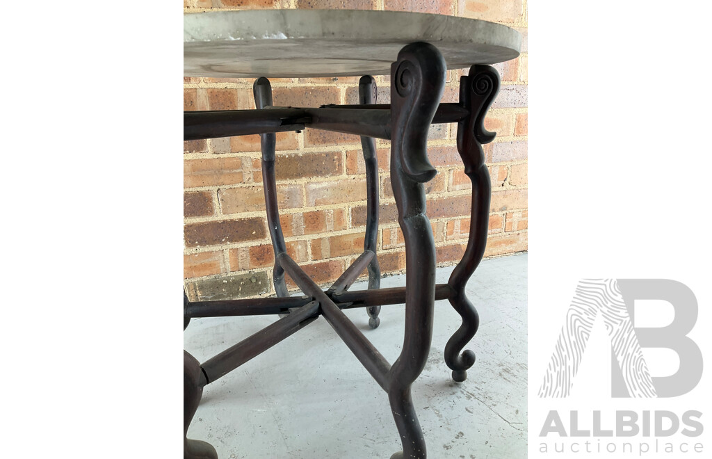 Antique Rosewood Folding Side Table with Circular Marble Top