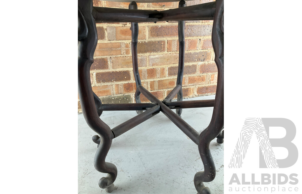 Antique Rosewood Folding Side Table with Circular Marble Top