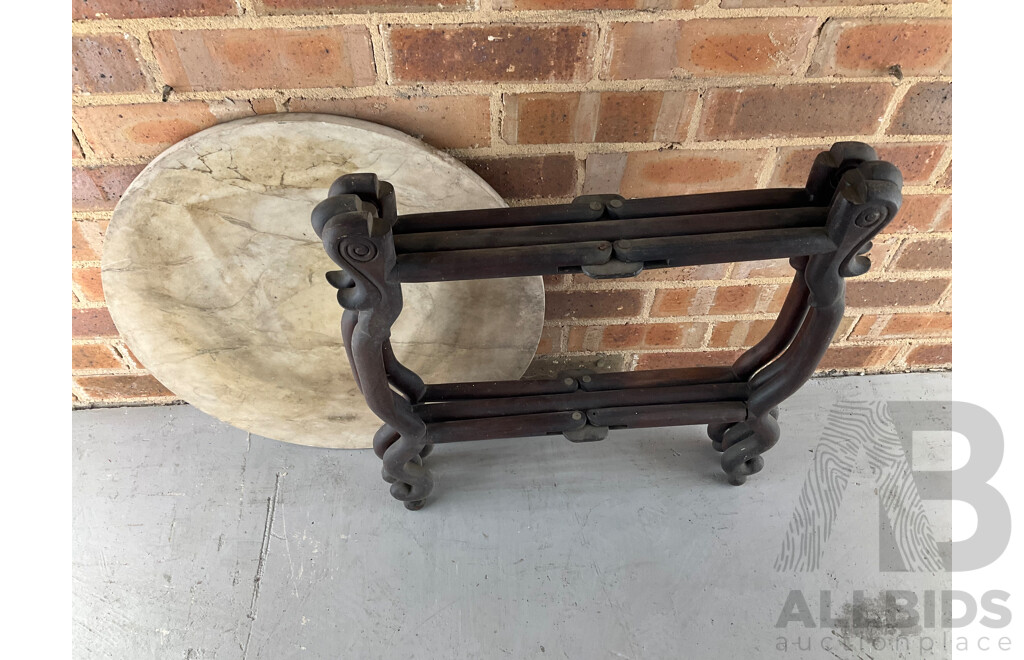 Antique Rosewood Folding Side Table with Circular Marble Top