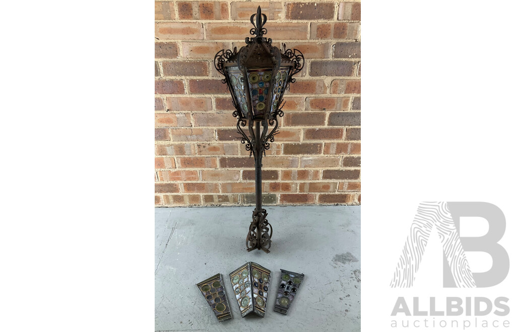 Antique Wrought Iron Lantern with Leadlight Panels