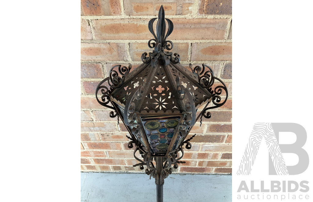 Antique Wrought Iron Lantern with Leadlight Panels