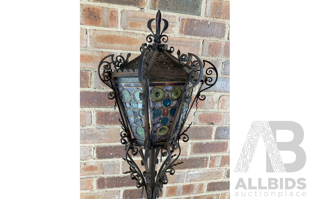 Antique Wrought Iron Lantern with Leadlight Panels