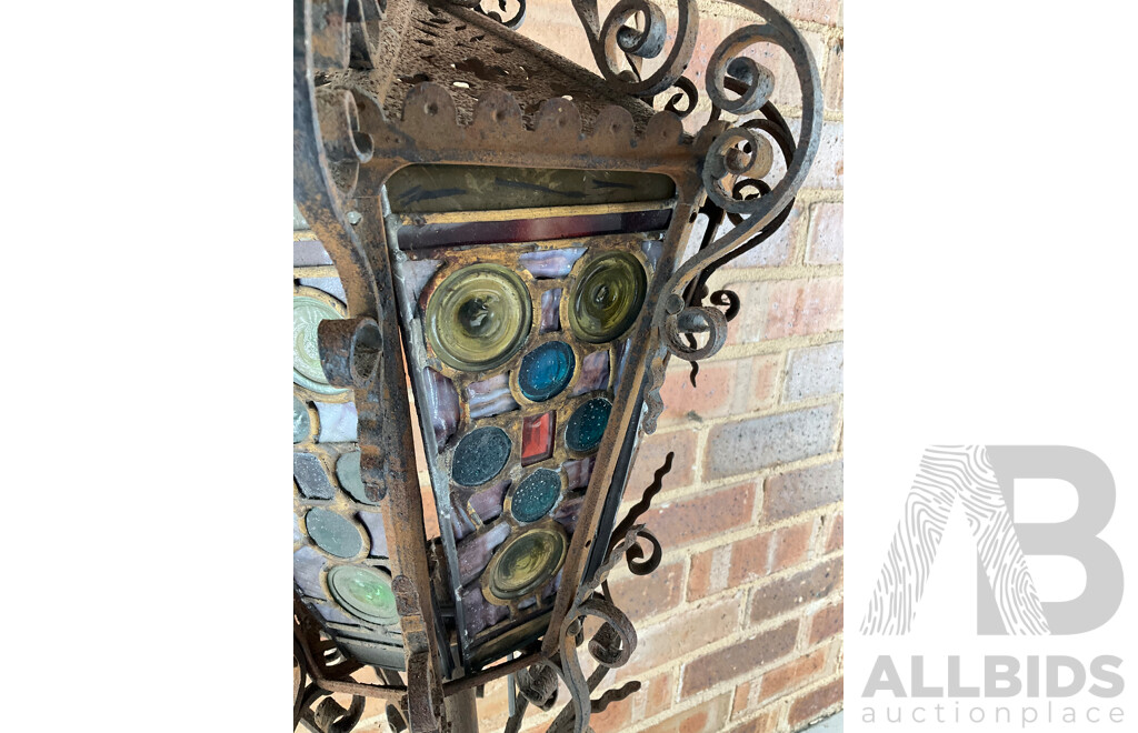 Antique Wrought Iron Lantern with Leadlight Panels