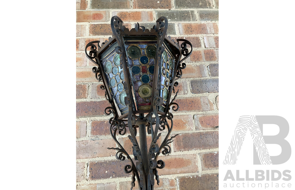 Antique Wrought Iron Lantern with Leadlight Panels