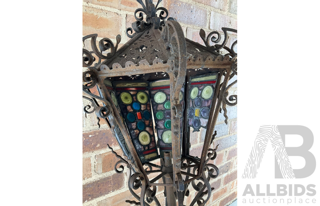 Antique Wrought Iron Lantern with Leadlight Panels