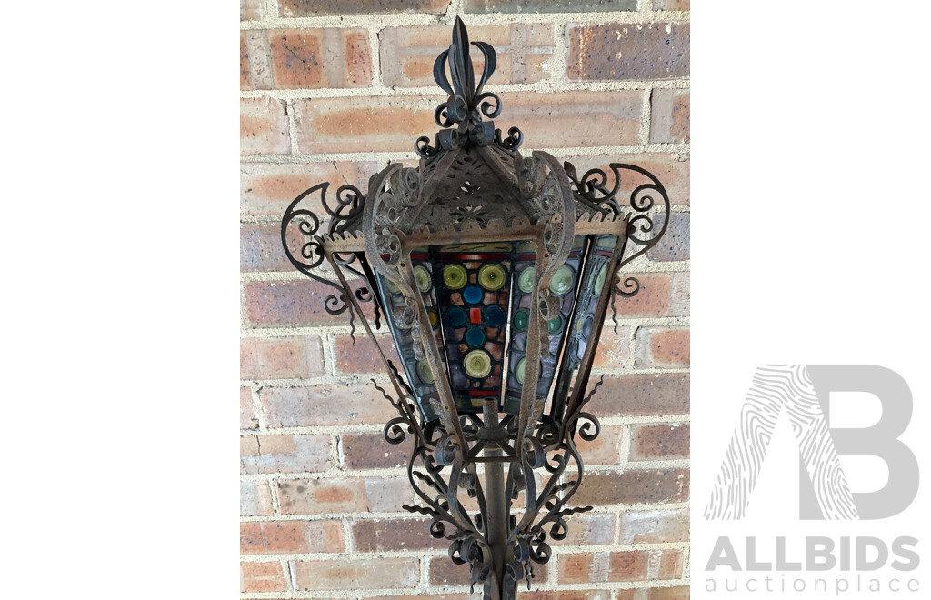 Antique Wrought Iron Lantern with Leadlight Panels