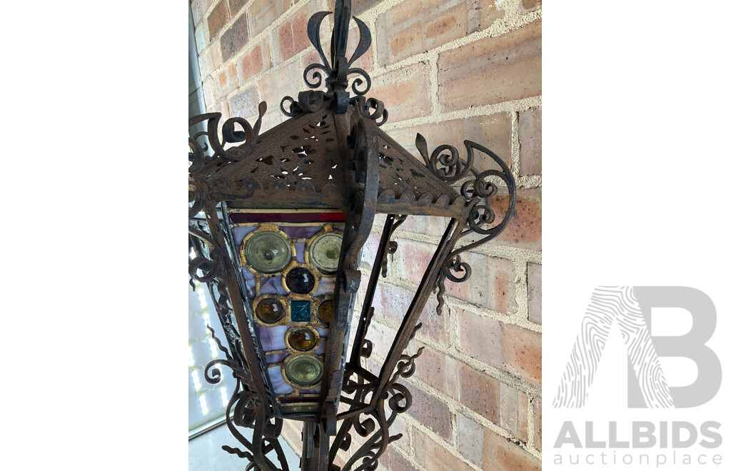 Antique Wrought Iron Lantern with Leadlight Panels