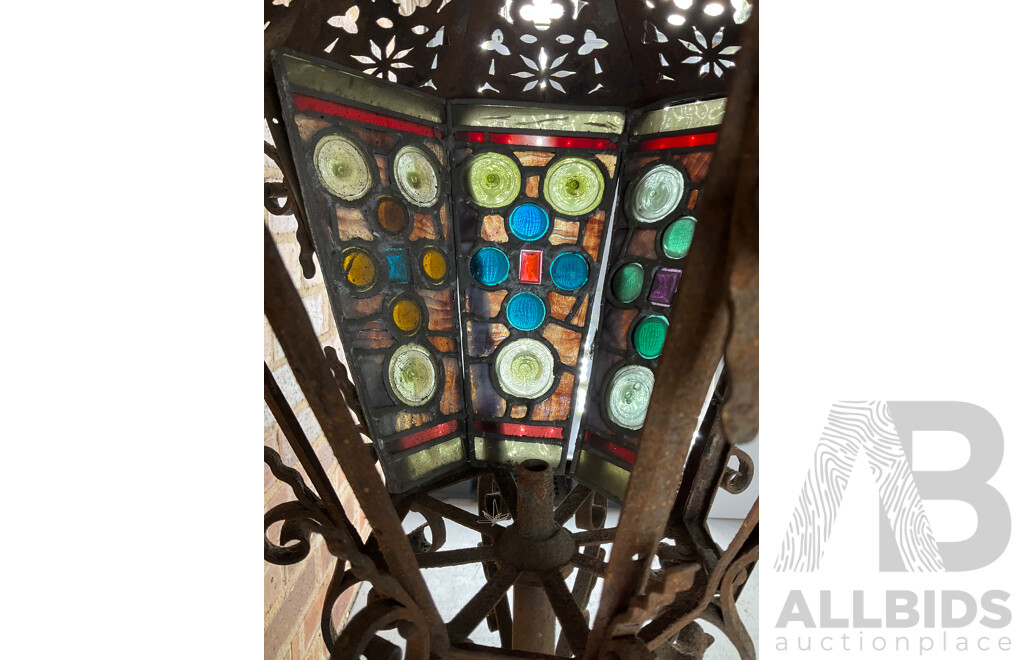 Antique Wrought Iron Lantern with Leadlight Panels