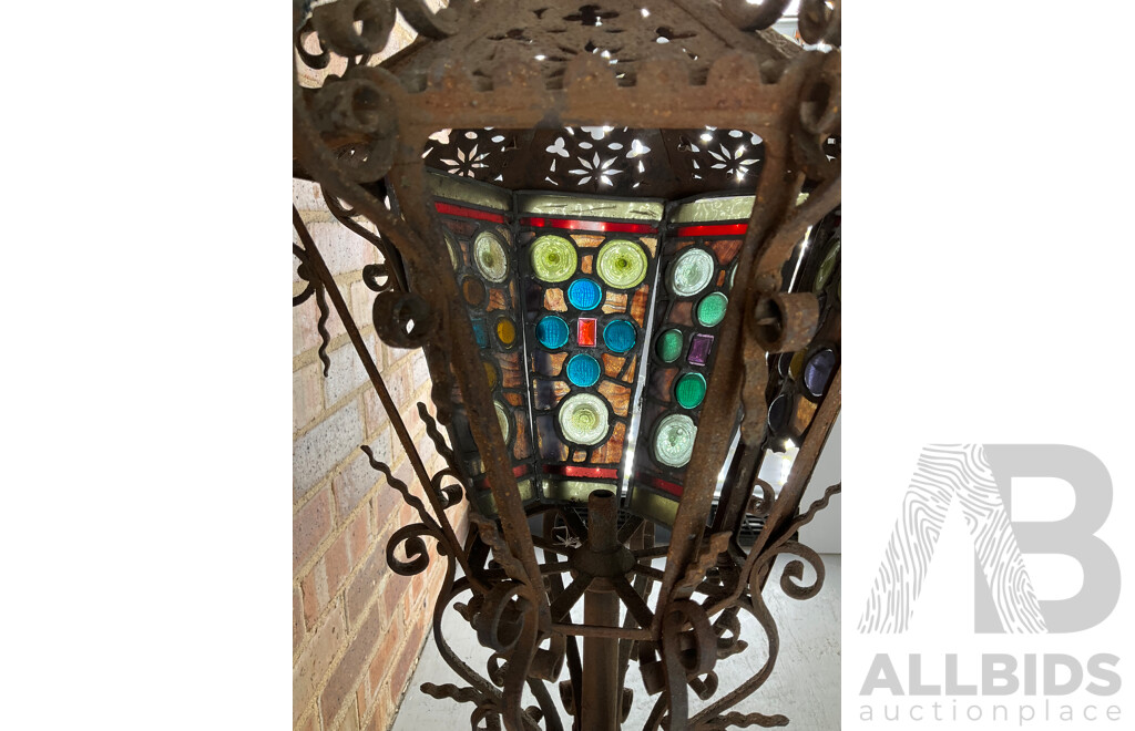 Antique Wrought Iron Lantern with Leadlight Panels