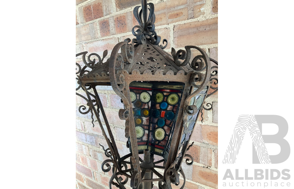 Antique Wrought Iron Lantern with Leadlight Panels