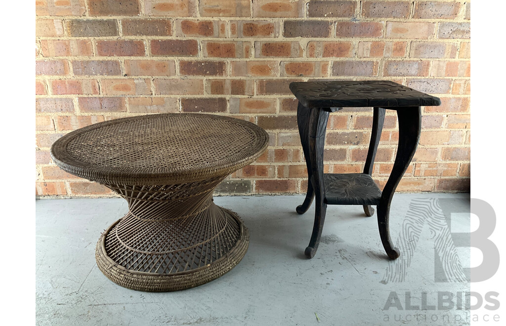 Japanese Carved Arts and Crafts Side Table, Vintage Rattan Waisted Drum Side Table