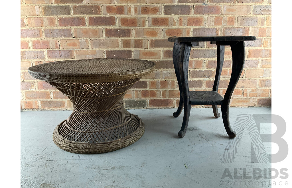 Japanese Carved Arts and Crafts Side Table, Vintage Rattan Waisted Drum Side Table