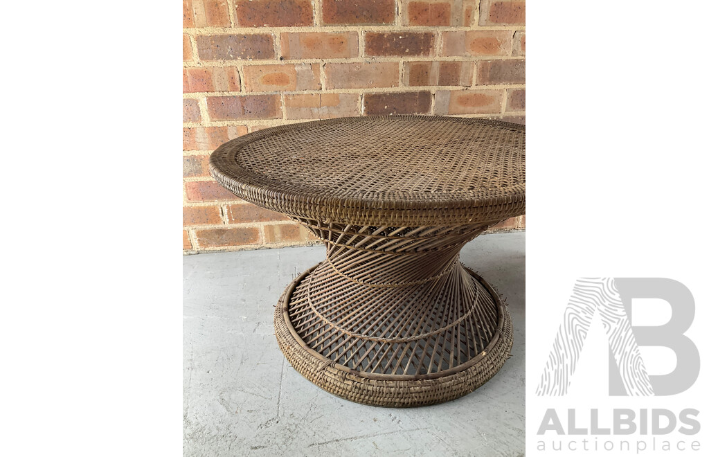 Japanese Carved Arts and Crafts Side Table, Vintage Rattan Waisted Drum Side Table