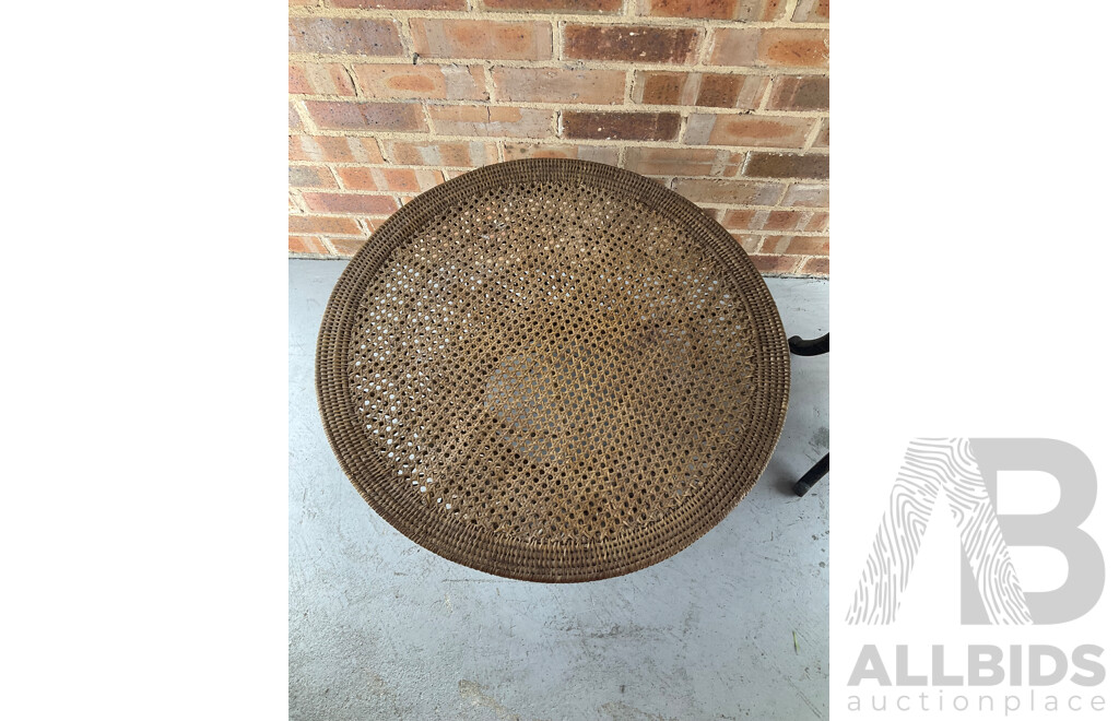 Japanese Carved Arts and Crafts Side Table, Vintage Rattan Waisted Drum Side Table