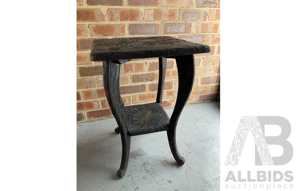 Japanese Carved Arts and Crafts Side Table, Vintage Rattan Waisted Drum Side Table