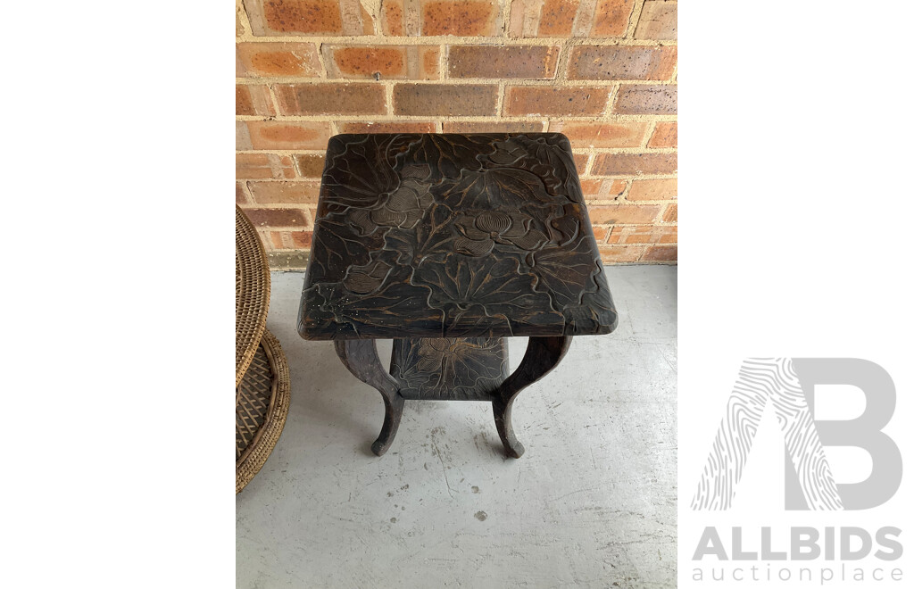 Japanese Carved Arts and Crafts Side Table, Vintage Rattan Waisted Drum Side Table