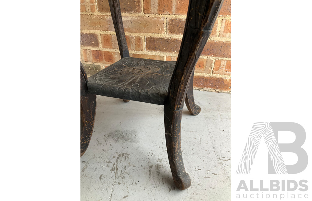 Japanese Carved Arts and Crafts Side Table, Vintage Rattan Waisted Drum Side Table
