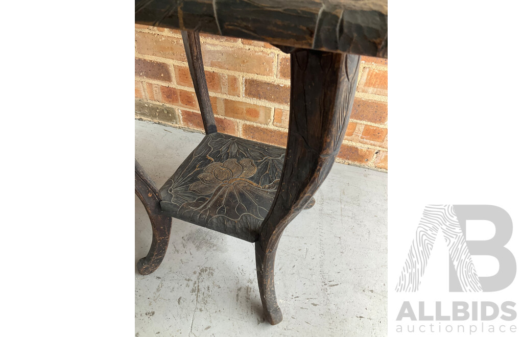 Japanese Carved Arts and Crafts Side Table, Vintage Rattan Waisted Drum Side Table