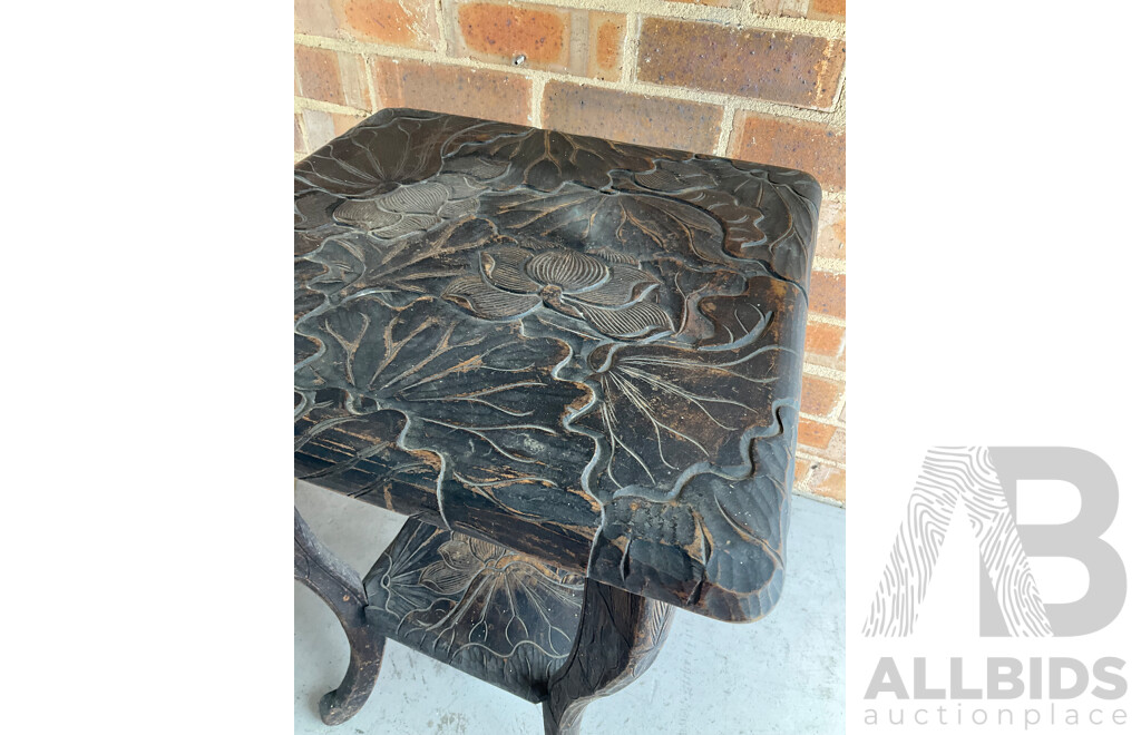 Japanese Carved Arts and Crafts Side Table, Vintage Rattan Waisted Drum Side Table