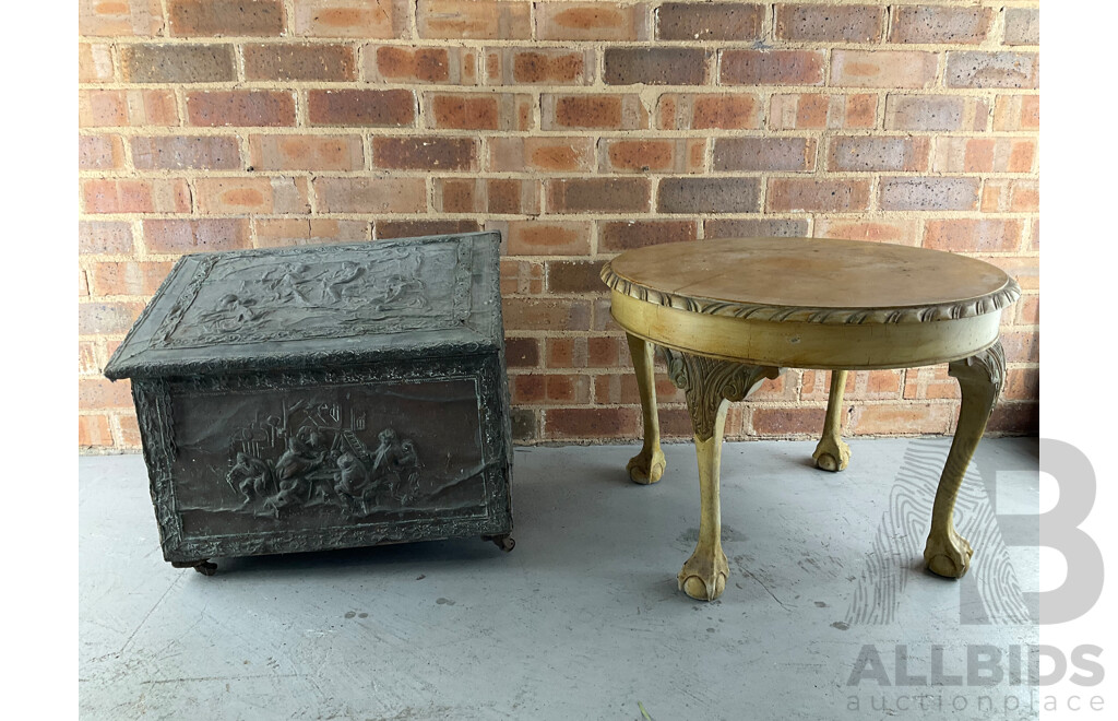 Chased Copper and Pine Coal Scuttle Together with Circular Side Table