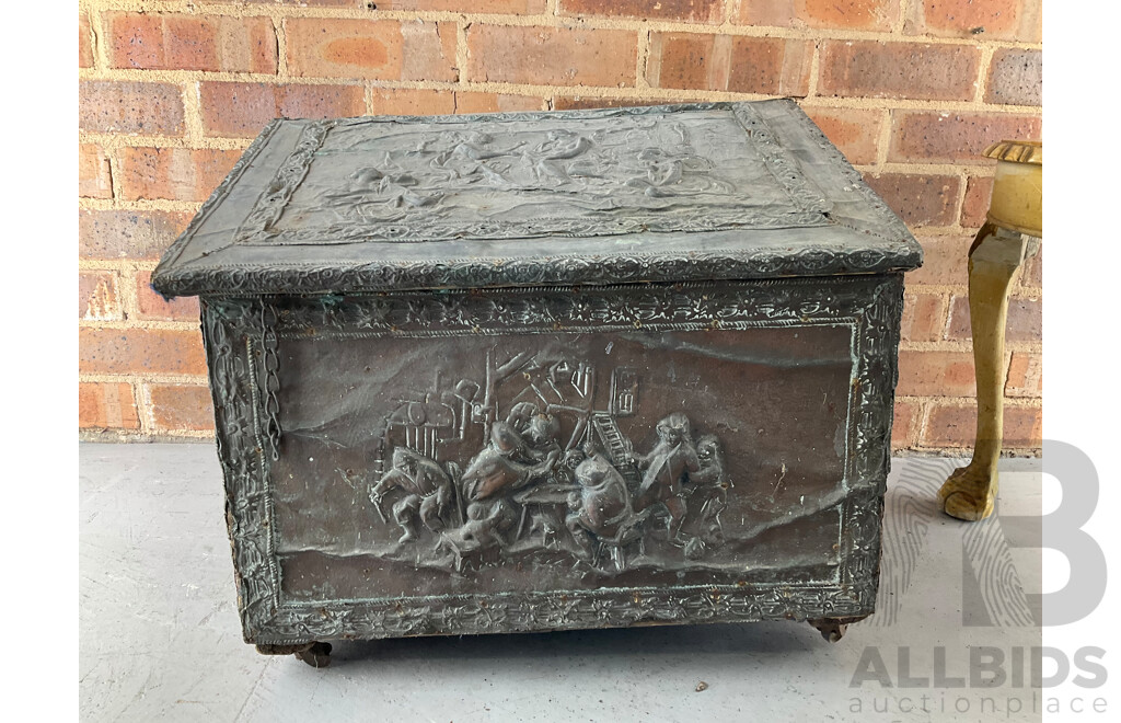 Chased Copper and Pine Coal Scuttle Together with Circular Side Table