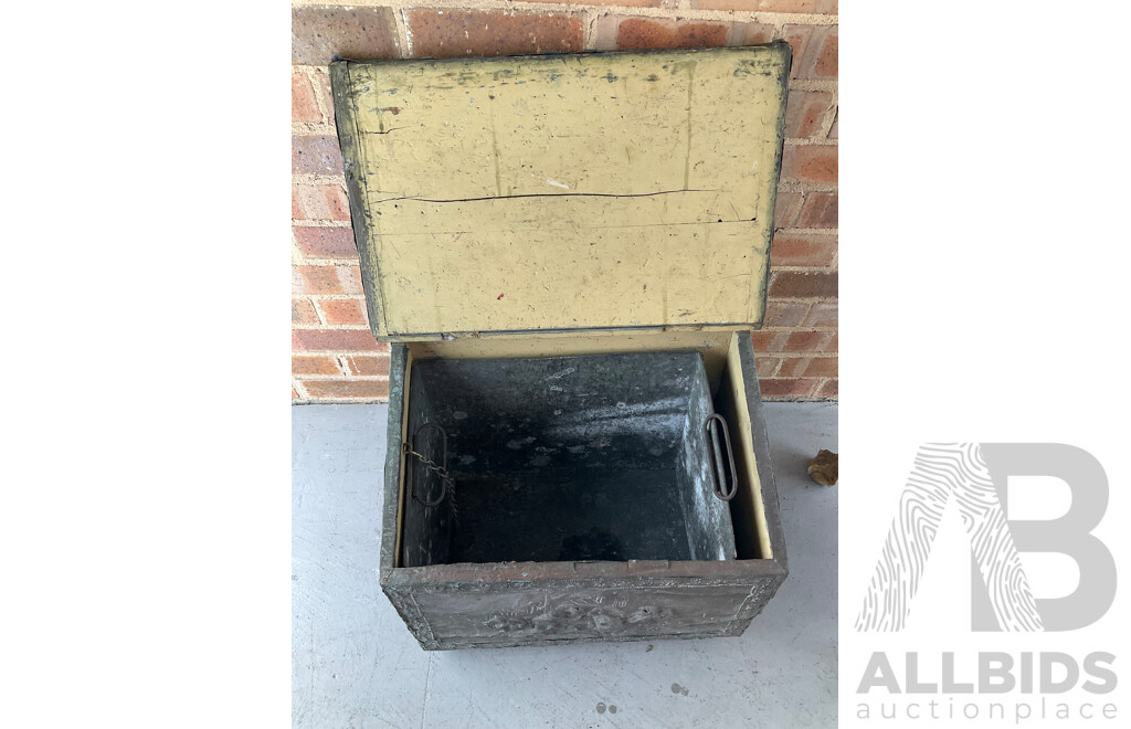 Chased Copper and Pine Coal Scuttle Together with Circular Side Table
