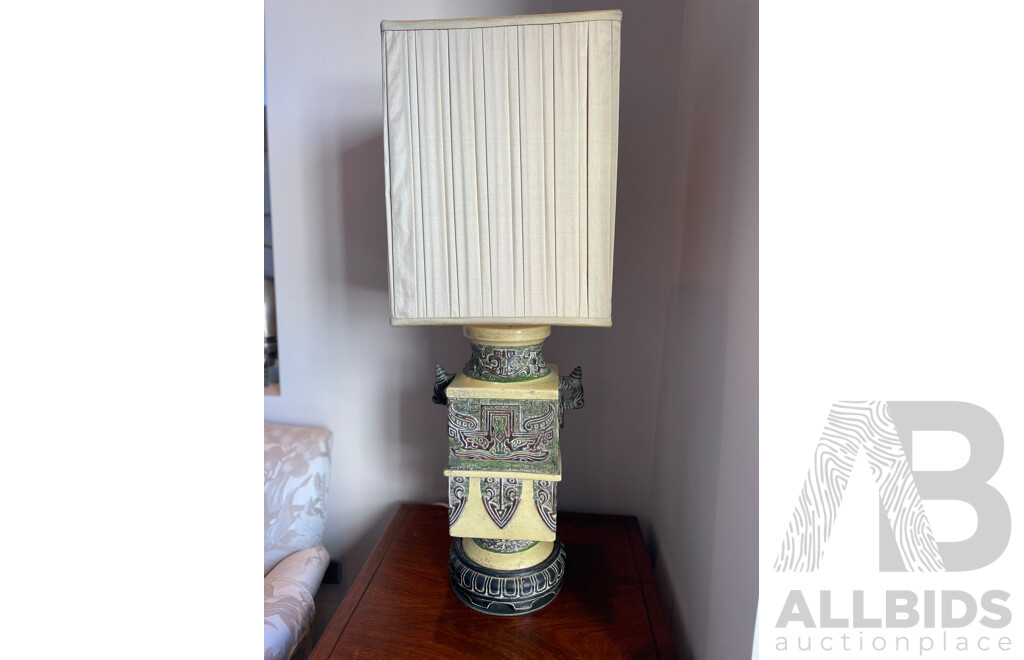 Pair of Italian Tang Style Ceramic Lamps with Square Shades