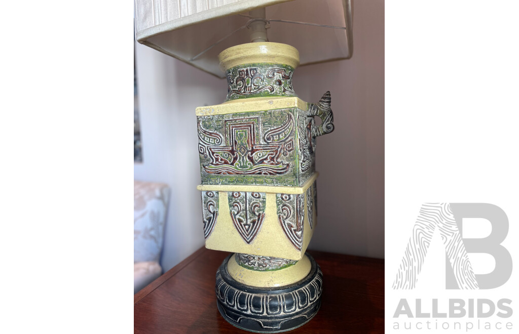 Pair of Italian Tang Style Ceramic Lamps with Square Shades