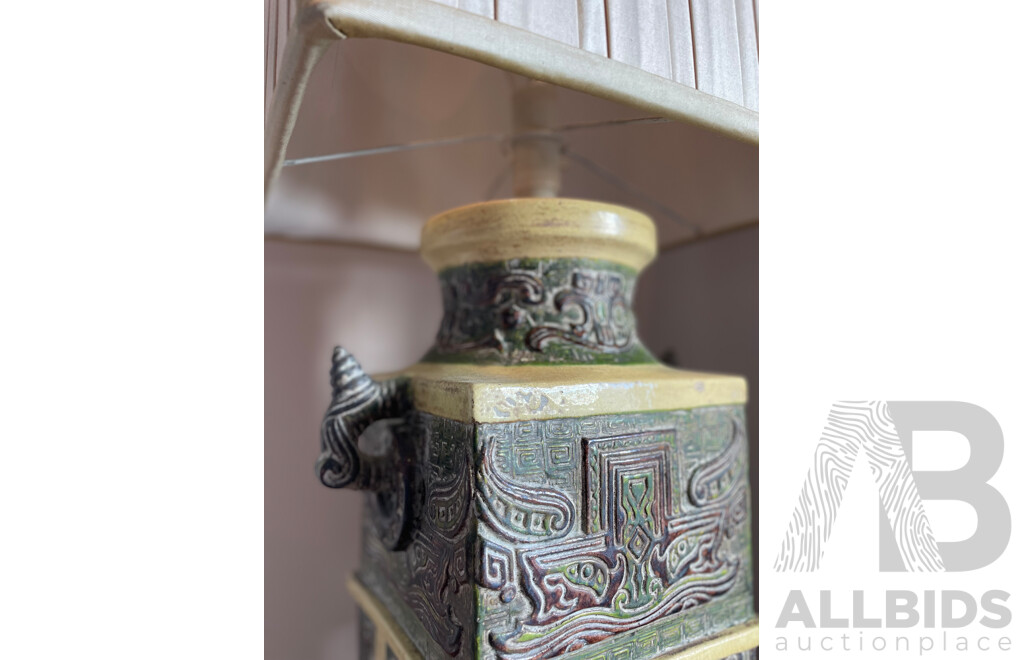 Pair of Italian Tang Style Ceramic Lamps with Square Shades