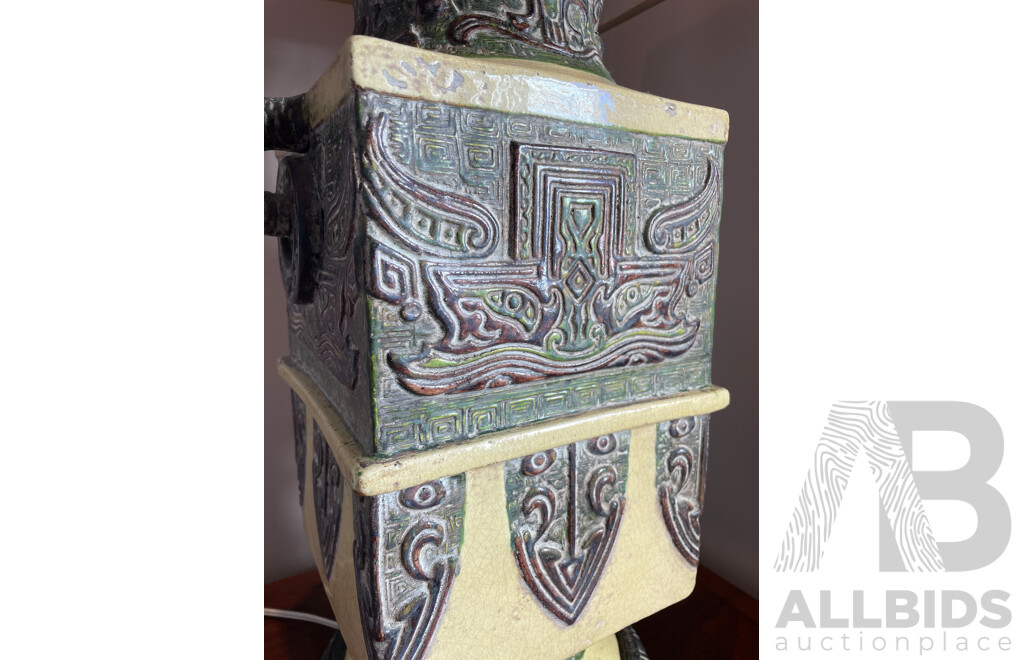 Pair of Italian Tang Style Ceramic Lamps with Square Shades