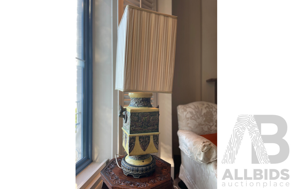 Pair of Italian Tang Style Ceramic Lamps with Square Shades