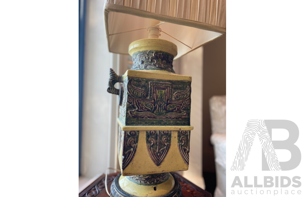Pair of Italian Tang Style Ceramic Lamps with Square Shades