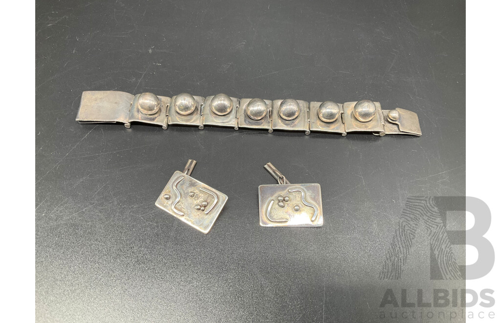 Vintage Mexican Silver Modernist Bracelet and Cuff Links