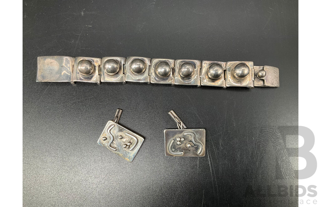 Vintage Mexican Silver Modernist Bracelet and Cuff Links