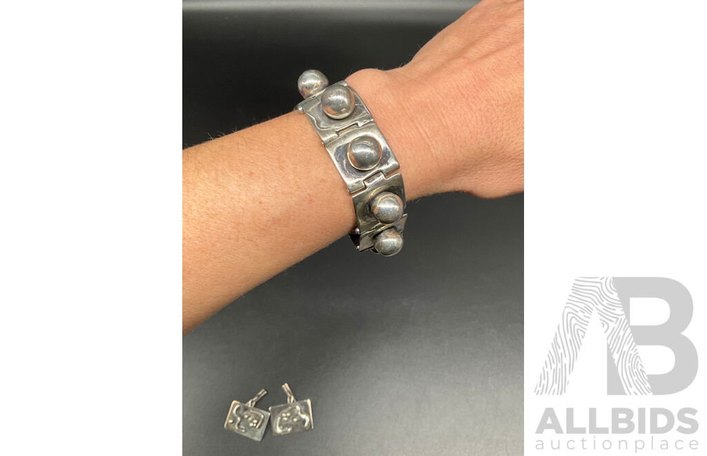 Vintage Mexican Silver Modernist Bracelet and Cuff Links